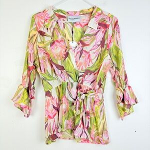 NWT Alex & Parker Coastal Resort Summer Tropical Floral Wrap Tie Waist Blouse